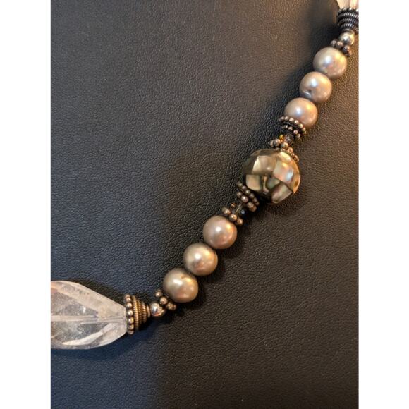 Vintage to Antique Sterling Silver Pearl Rock Quartz Abalone Shell Bead Necklace - Picture 6 of 10